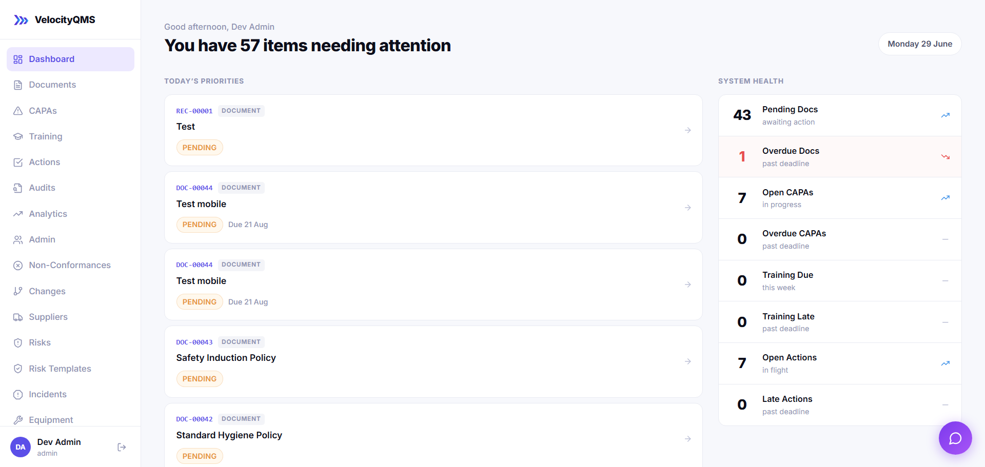 VelocityQMS dashboard